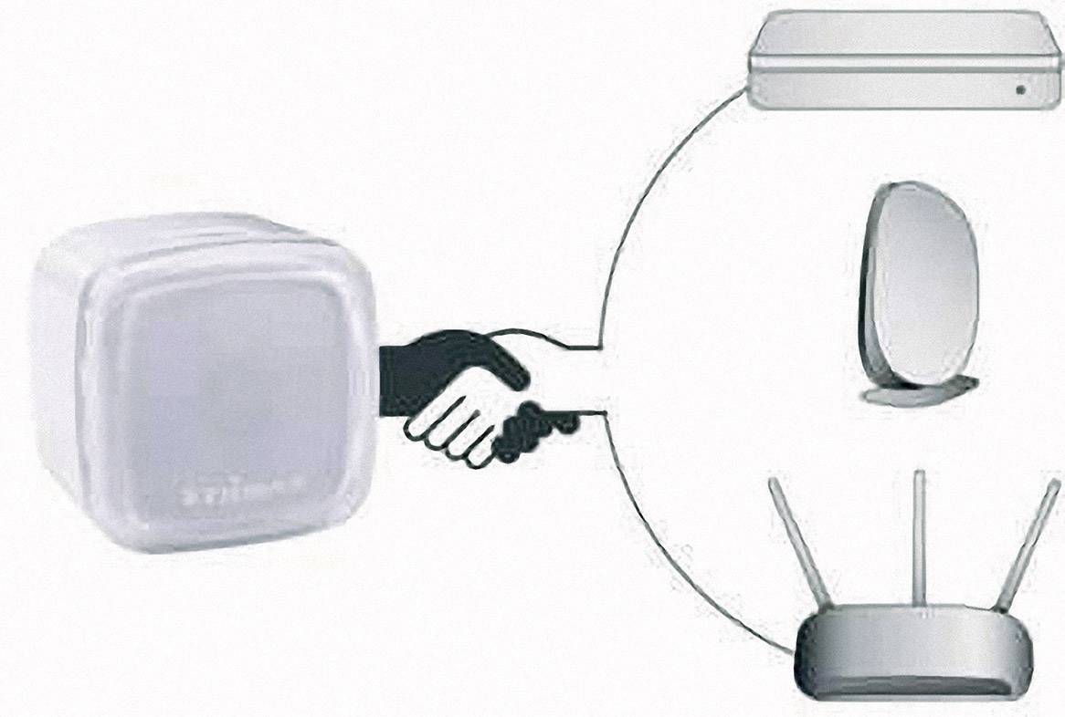 A small white cube is connected to a router and other devices via a handshake symbol, representing connectivity.