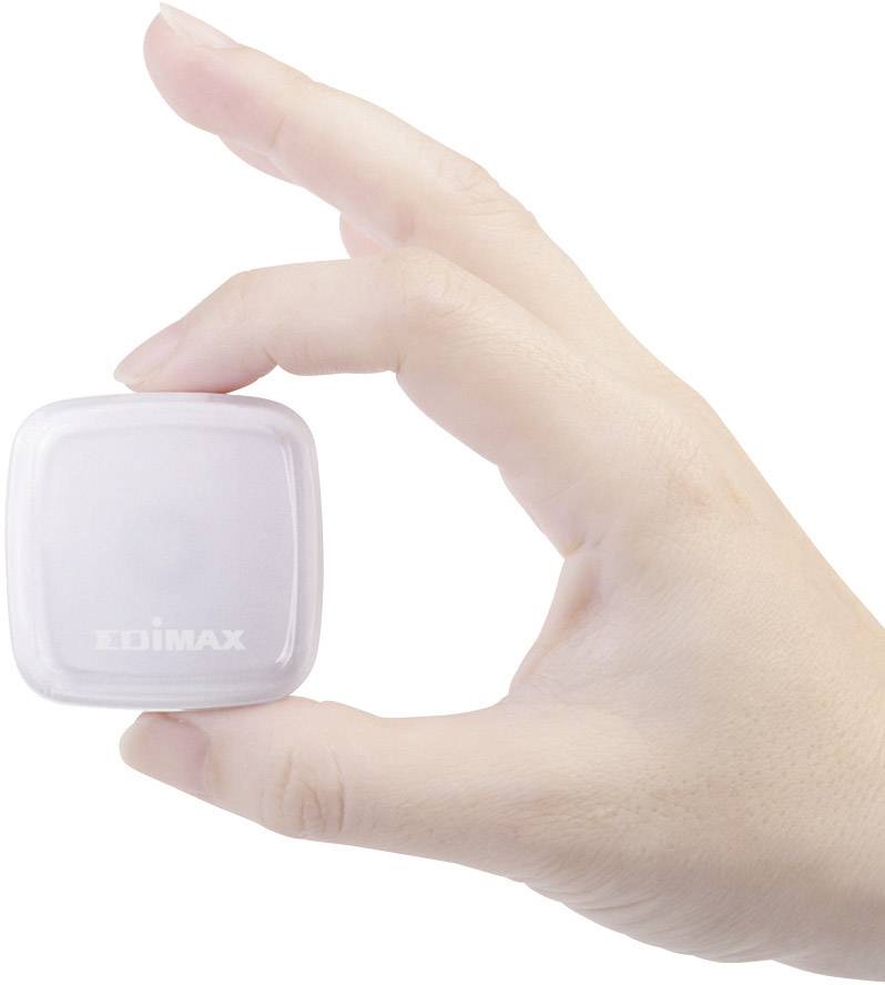 A hand is holding a small, square device with the inscription 'EDIMAX', gripped between the thumb and forefinger.