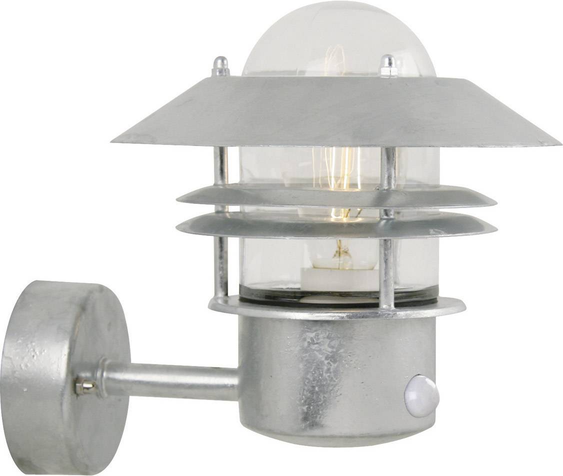 Outdoor wall light made of metal with glass cover, displaying a modern, weather-resistant design with visible light bulb.