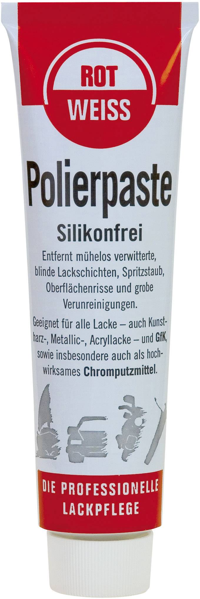 A tube of polishing paste by 'Rot Weiss', silicone-free. Removes paint layers and dirt. Suitable for all paint types.