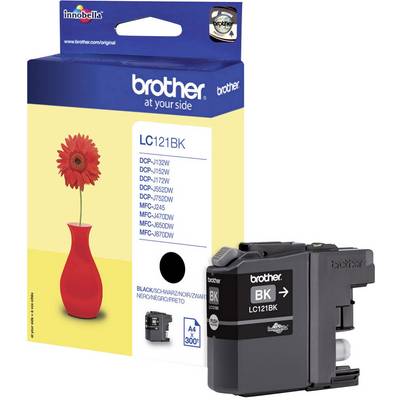 Brother Ink Cartridge LC121BK in Black, pictured with packaging. Compatible with various Brother printer models. 300-page capacity.