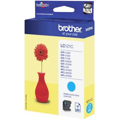 Packaging for a Brother printer cartridge, Model LC121C, featuring a red flower pot holding a single red flower. Compatible with multiple Brother printer models.