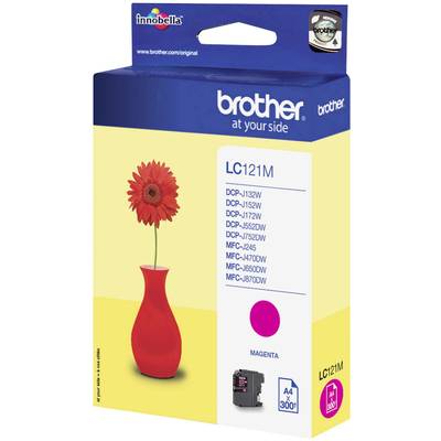 'Brother' printer cartridge packaging with an image of a red flower in a vase on a yellow background. Product model: LC121M, Ink colour: Magenta.