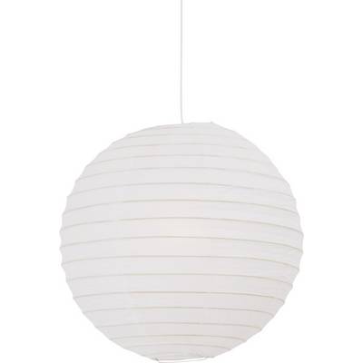 A simple, round paper lamp with a white shade hangs from the ceiling.