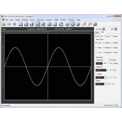 An oscilloscope display shows a sine wave with a frequency of 1000.000 Hz and amplitude of 2.00 on a grid screen.