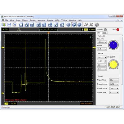 'Oscilloscope displays yellow waveform with peaks and troughs on dark background. Channel settings and time base shown on the right.'