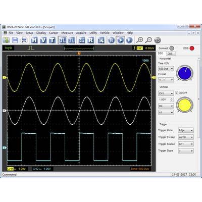 An oscilloscope display shows two waveforms: a yellow sine wave and a white square wave. Both channels are activated.