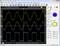 An oscilloscope display shows two waveforms: a yellow sine wave and a white square wave. Both channels are activated.