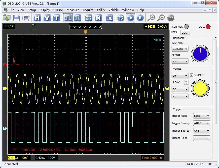 Oscilloscope display with three waveforms: top irregular, middle sinusoidal, bottom rectangular. Main data 1 kHz, 2 ms per division.