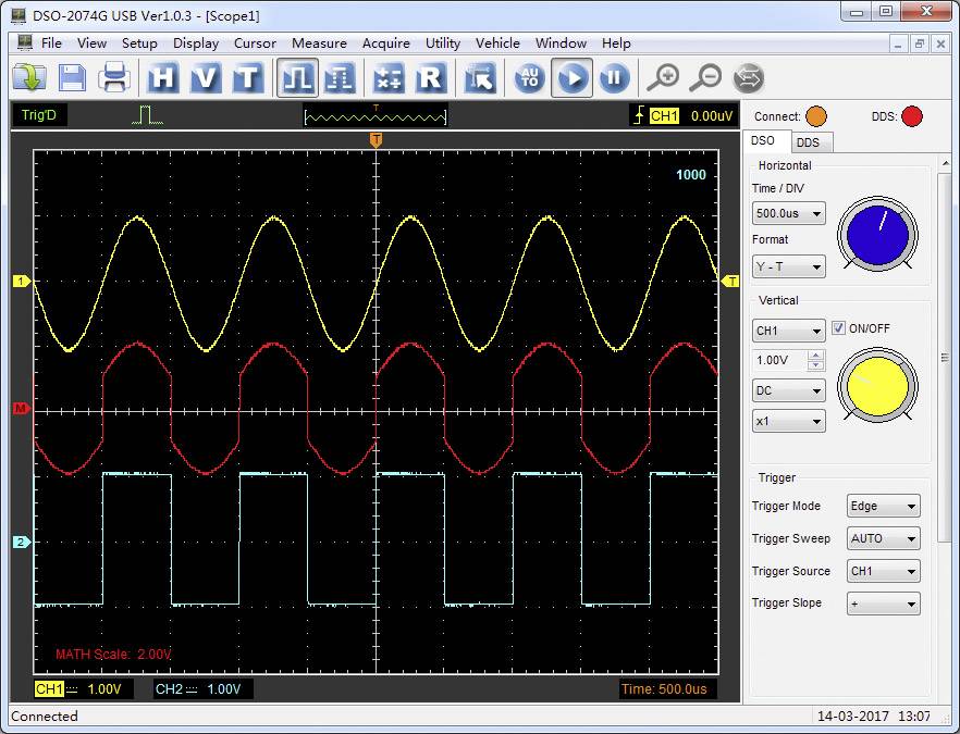 'Oscilloscope display with two waveforms: Yellow sine wave above, red square wave below. Settings on the right with buttons.'