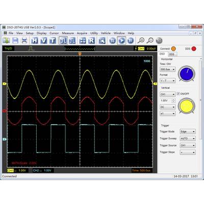 'Oscilloscope display with two waveforms: Yellow sine wave above, red square wave below. Settings on the right with buttons.'