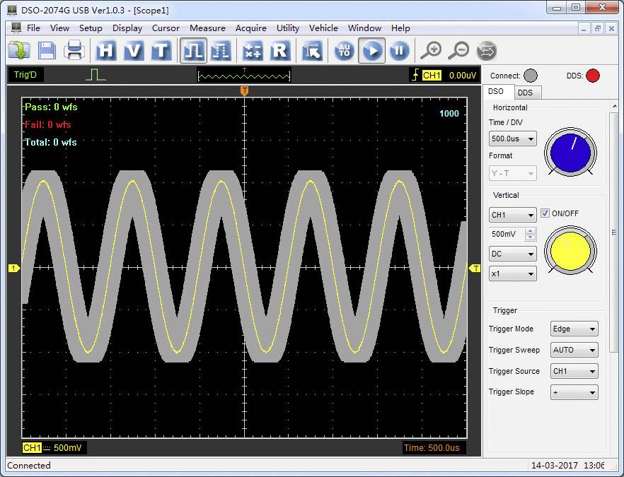 Oscilloscope screen shows a sine wave with an amplitude of 500 mV. The time base is set to 500 µs.