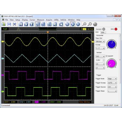 An oscilloscope image shows three different waveforms: sine wave at the top, sawtooth wave in the middle, and rectangular wave at the bottom.