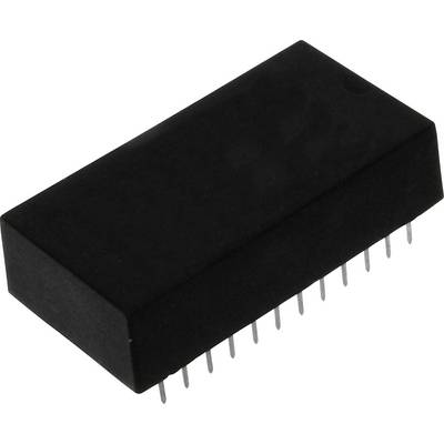 A black electronic chip with multiple connections on one side, commonly used in electronic devices for data processing.