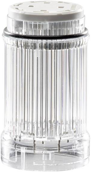 Transparent salt shaker with a ridged design and white lid, featuring metal pins in the base for enhanced stability.