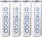 Four white AA batteries with blue 'eneloop' lettering, placed side by side.