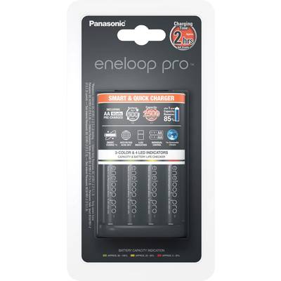 Packaging of a Panasonic eneloop pro charger with four AA batteries and LED indicators. Charging time: approximately 2 hours.