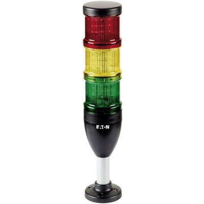 A traffic light with three visible lights: red at the top, yellow in the middle, and green at the bottom. The 'EATON' brand is printed on the housing.