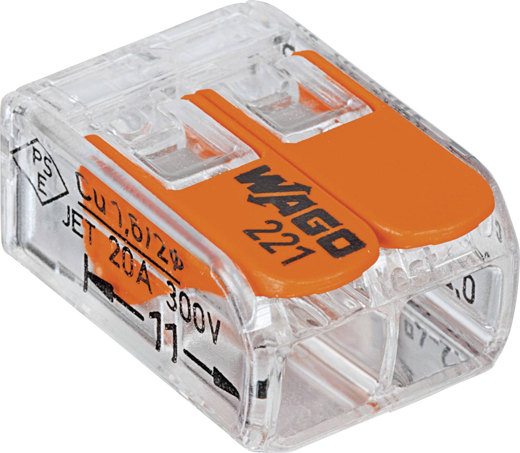 WAGO 221-412-1 221 Connector clip flexible: 0.14-4 mm² fixed: 0.2-4 mm² Number of pins: 2 1 pc(s) Transparent, Orange