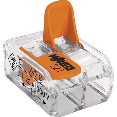 Transparent plastic clip with an orange lever, marked 'WAGO 221', with electrical specification markings visible.