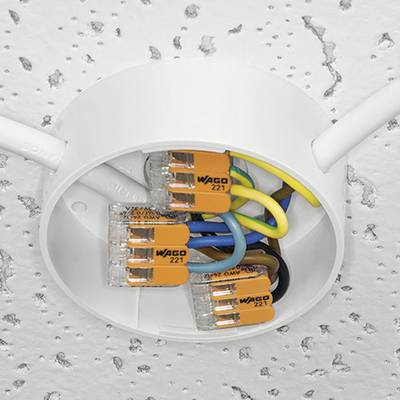 Electrical socket with multiple coloured cables, connected using orange WAGO plug-in terminal blocks, mounted on a ceiling.