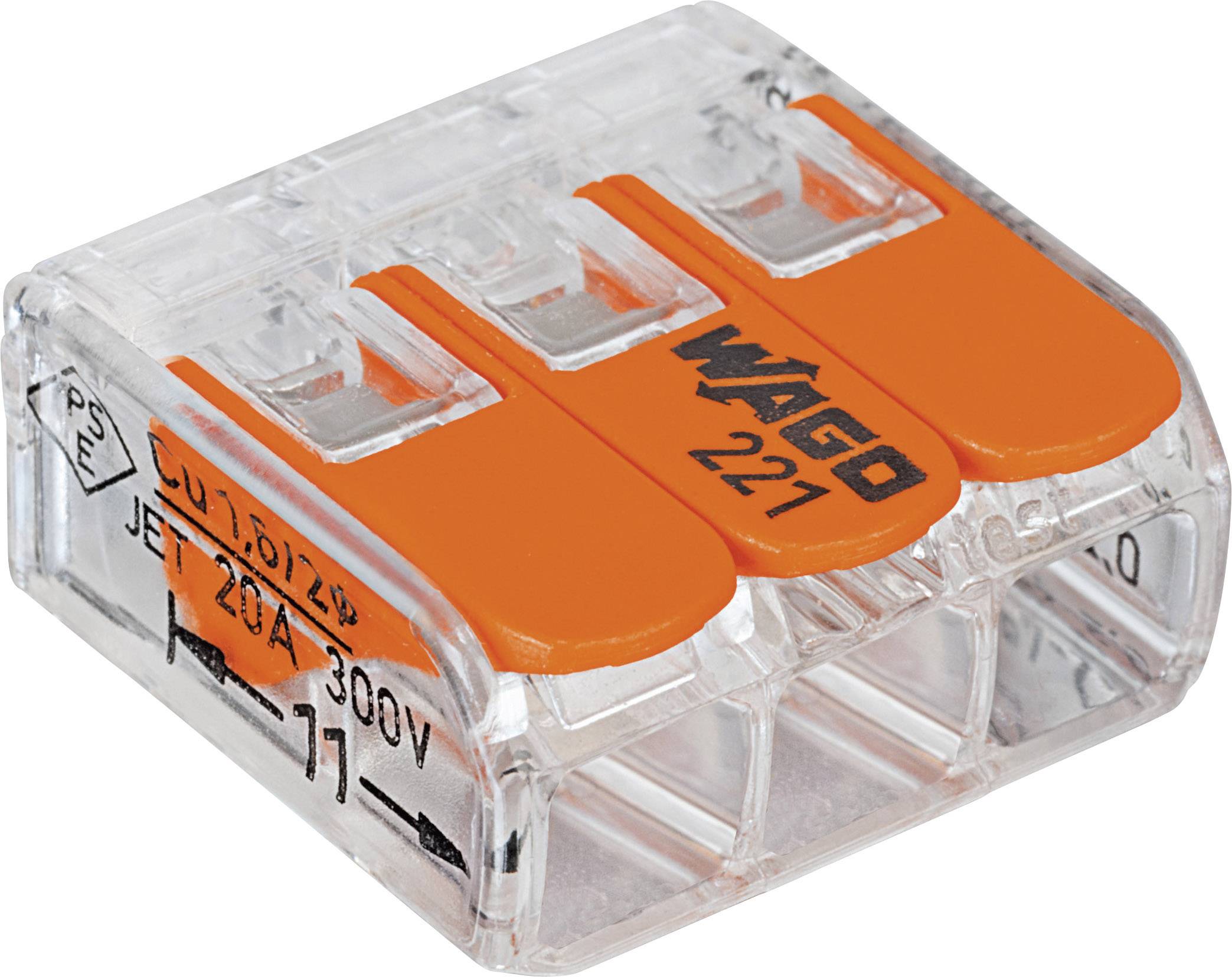 WAGO 221-413-50 221 Connector clip flexible: 0.14-4 mm² fixed: 0.2-4 mm² Number of pins: 3 50 pc(s) Transparent, Orange