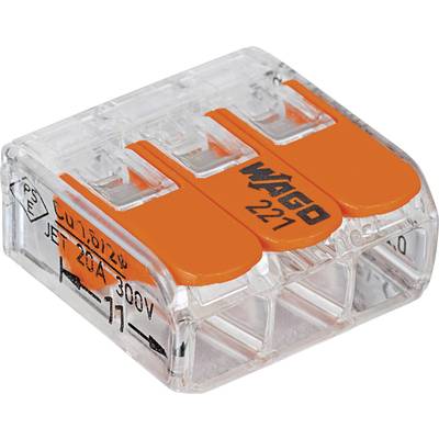 WAGO 221-413-50 221 Connector clip flexible: 0.14-4 mm² fixed: 0.2-4 mm² Number of pins: 3 50 pc(s) Transparent, Orange 
