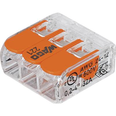 Transparent terminal block with orange lever for electrical connections, suitable for 0.2-4 mm² cables, labelled with technical details.