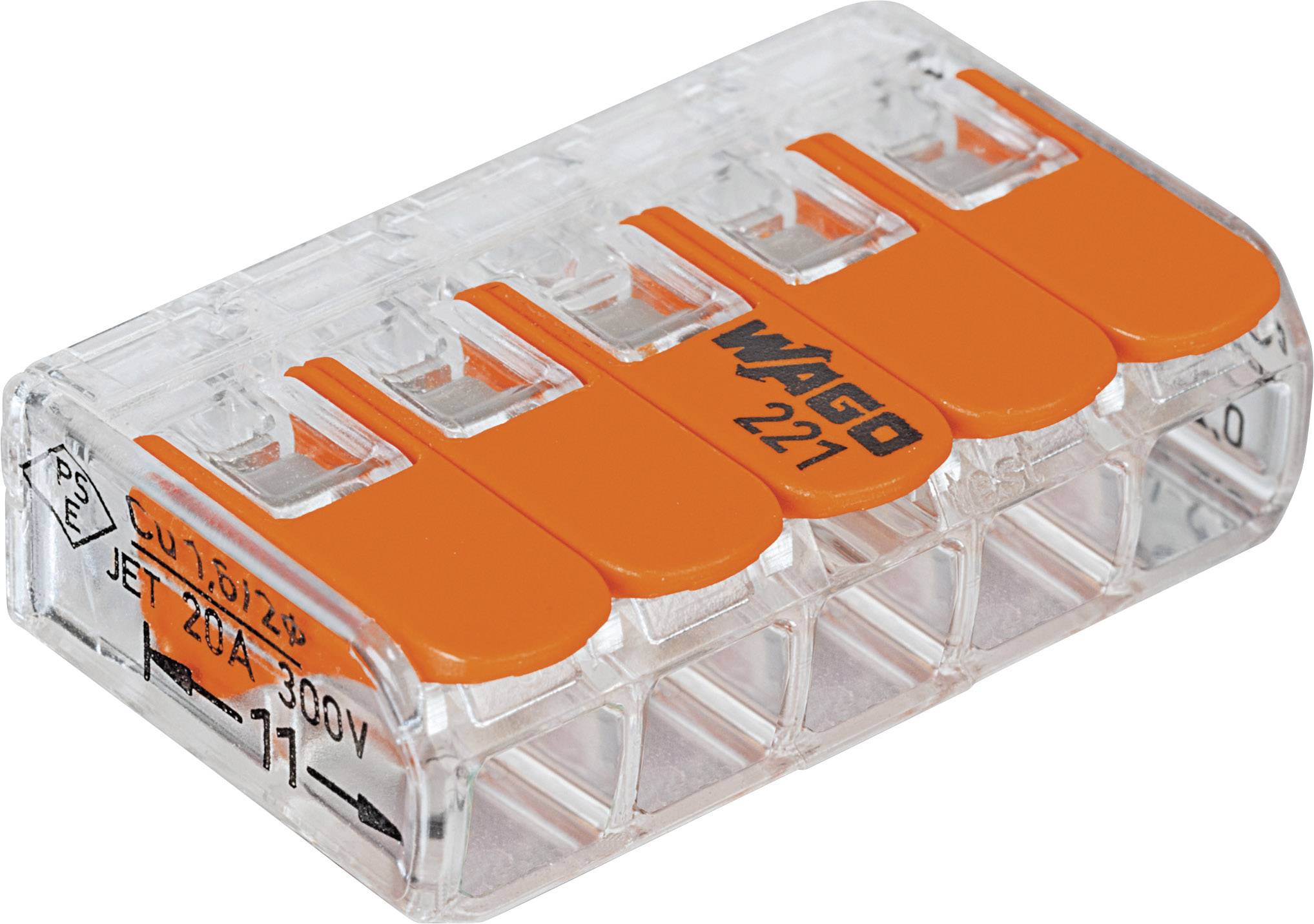 WAGO 221-415-1 221 Connector clip flexible: 0.14-4 mm² fixed: 0.2-4 mm² Number of pins: 5 1 pc(s) Transparent, Orange