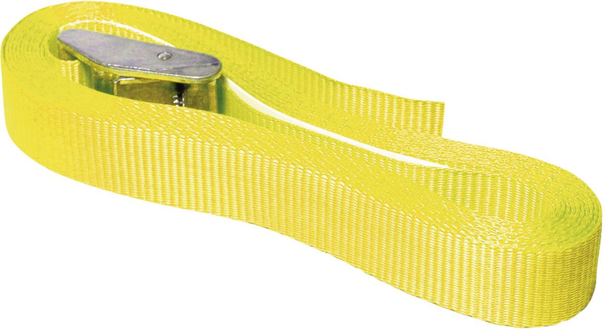 Yellow ratchet strap with metal buckle, used for securing loads.