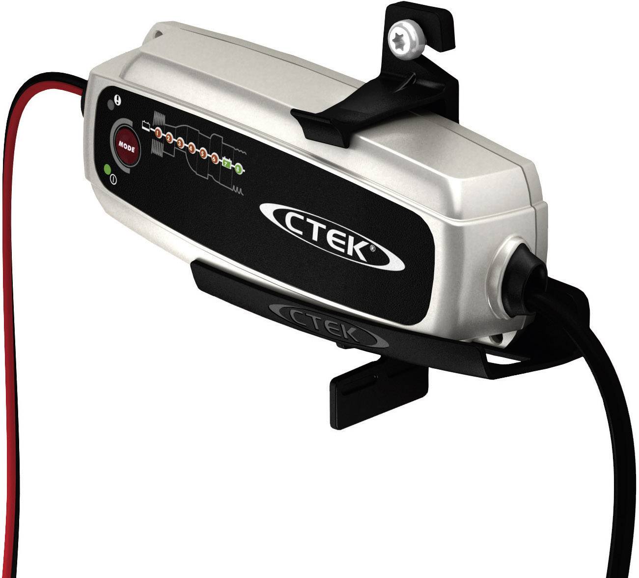 CTEK battery charger with connection cables and LED indicators for charging status.