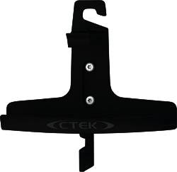 A black CTEK wall mount with two screws for fastening, suitable for the secure storage of chargers.