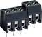 Illustrated is a black, double-row printed circuit board terminal block with screw connections, suitable for electrical connection.