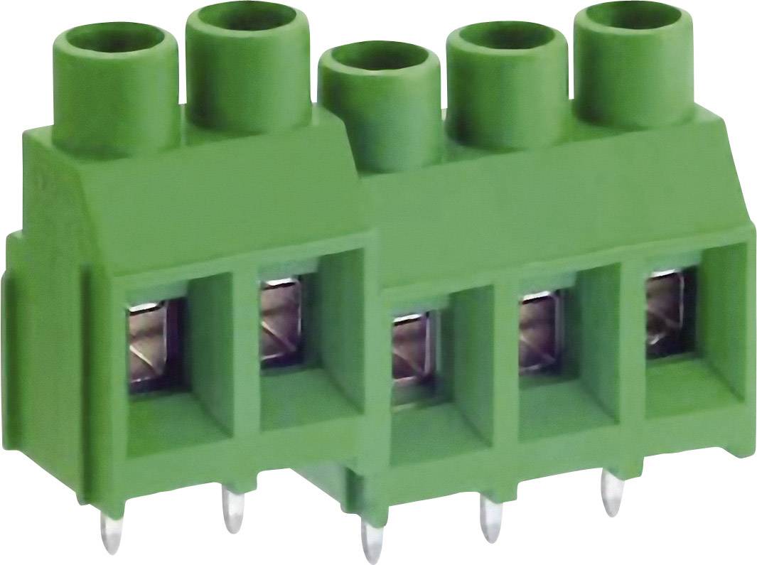 Green, four-pole terminal block made of plastic with metal contacts, used for electrical connections on printed circuit boards.