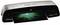 A black and silver laminating machine is laminating a sheet of paper, from which intense green light rays are emerging.
