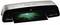 A Fellowes laminating machine is laminating a sheet of paper with a green pattern. The device has a black and silver casing.