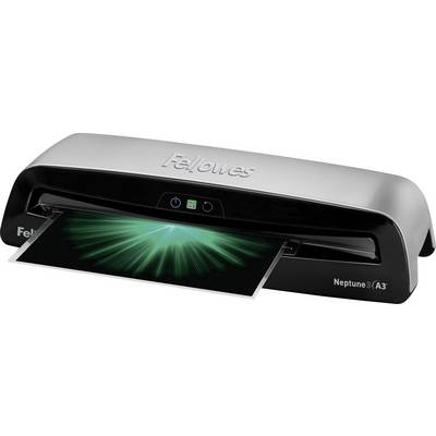 'Fellowes Neptune 3 laminator in action, laminating an A3 sheet with a vibrant green design.'