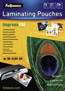 Fellowes 'Impress 100' laminating pouches for A4 documents, featuring graphics of laminated photos and a peacock feather image.