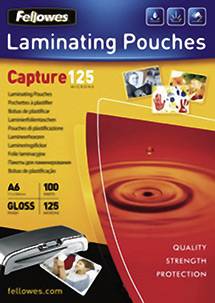 'Fellowes Laminating Pouches' packaging with an illustration of a water droplet, text in multiple languages, and symbols representing quality, strength, and protection.