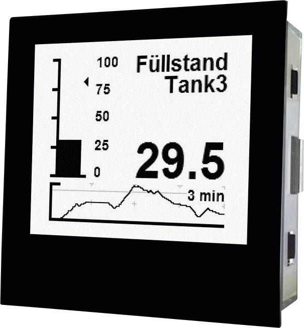 Display of a measuring device with bar graph and line: 'Tank3 Fill Level' at 29.5 over 3 minutes. Scale from 0 to 100.