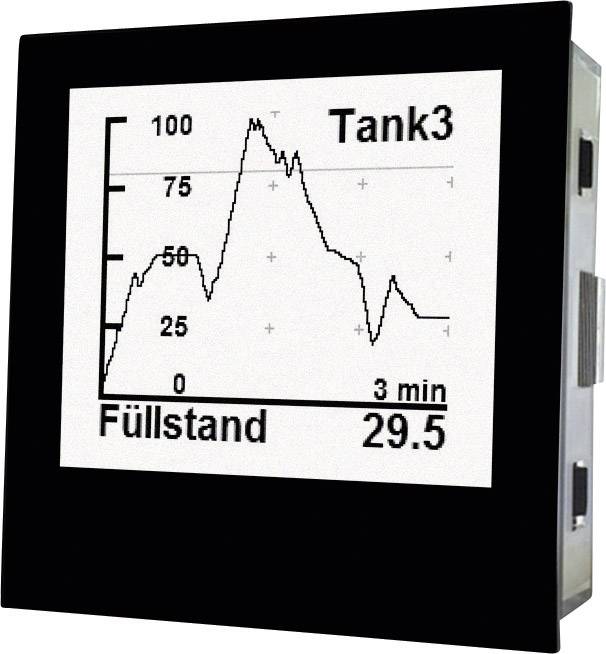 Graph shows the fill level in a tank over 3 minutes. Y-axis: Fill level (0-100), X-axis: Time, Tank 3 reaches peak at approximately 80.