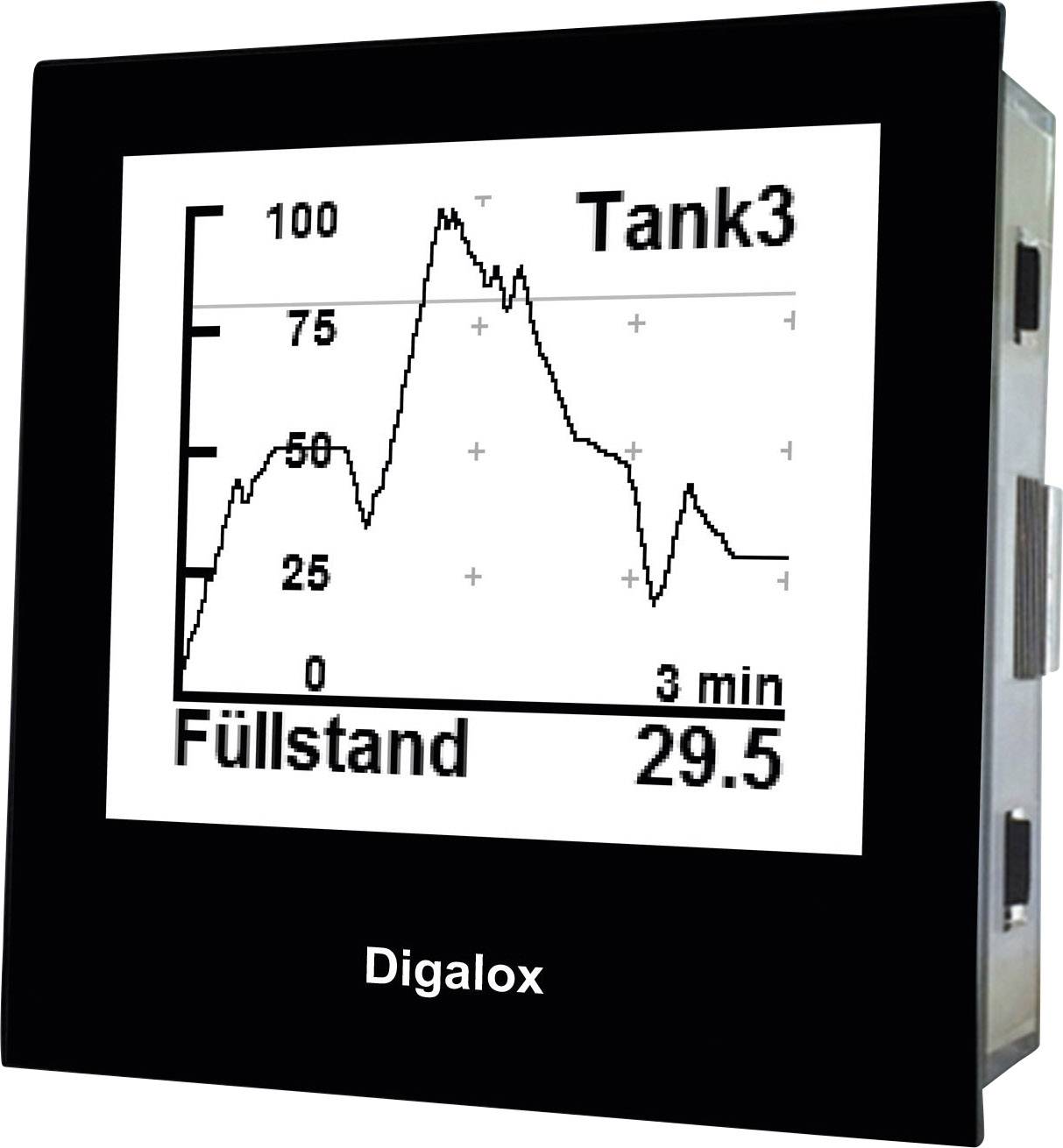 'Digalox' display shows line graph for 'Tank3' with fill level over 3 minutes. Y-axis: 0 to 100. Current value: 29.5.