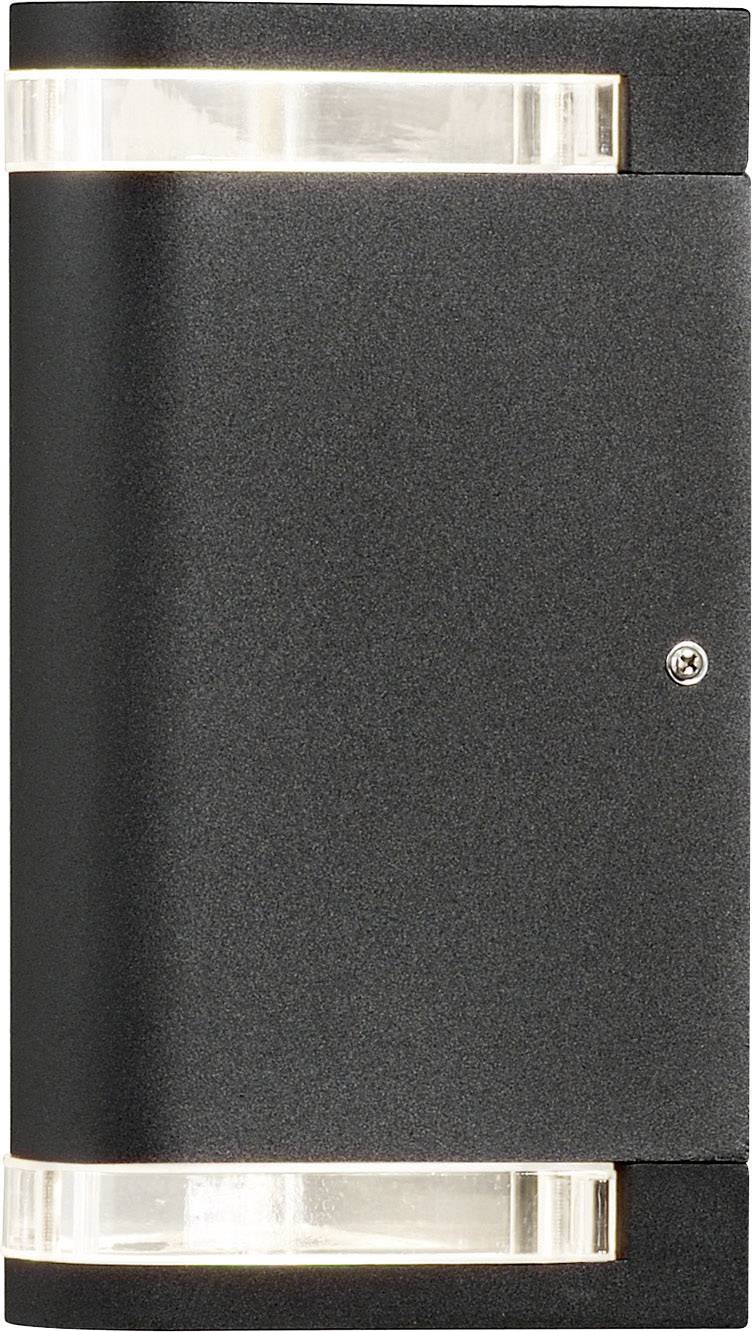 A black wall light with transparent inserts at the top and bottom, creating a modern and minimalist design.