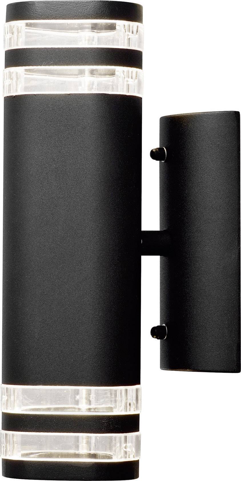 Black cylindrical outdoor wall light with transparent strips at the top and bottom, radiating light on both sides.