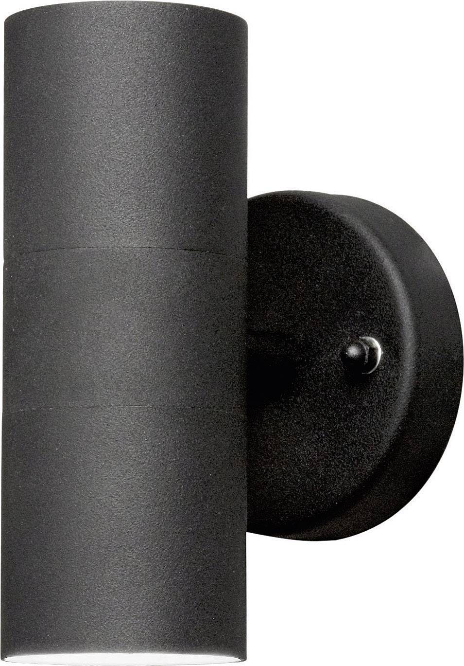 Black cylindrical exterior wall light, wall-mounted, with simple, modern design.
