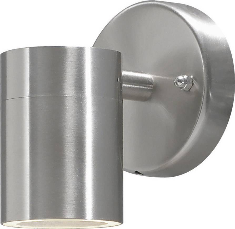Cylindrical silver wall light with a brushed metal finish, mounted on a round wall bracket.