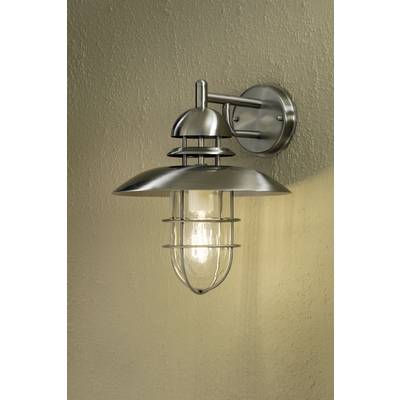 Wall light made of metal with protective grid design, illuminating a beige wall.