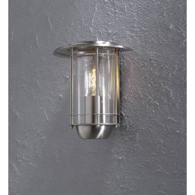 Exterior wall light made of metal with a glass cylinder, mounted on a grey wall. It emits warm light.