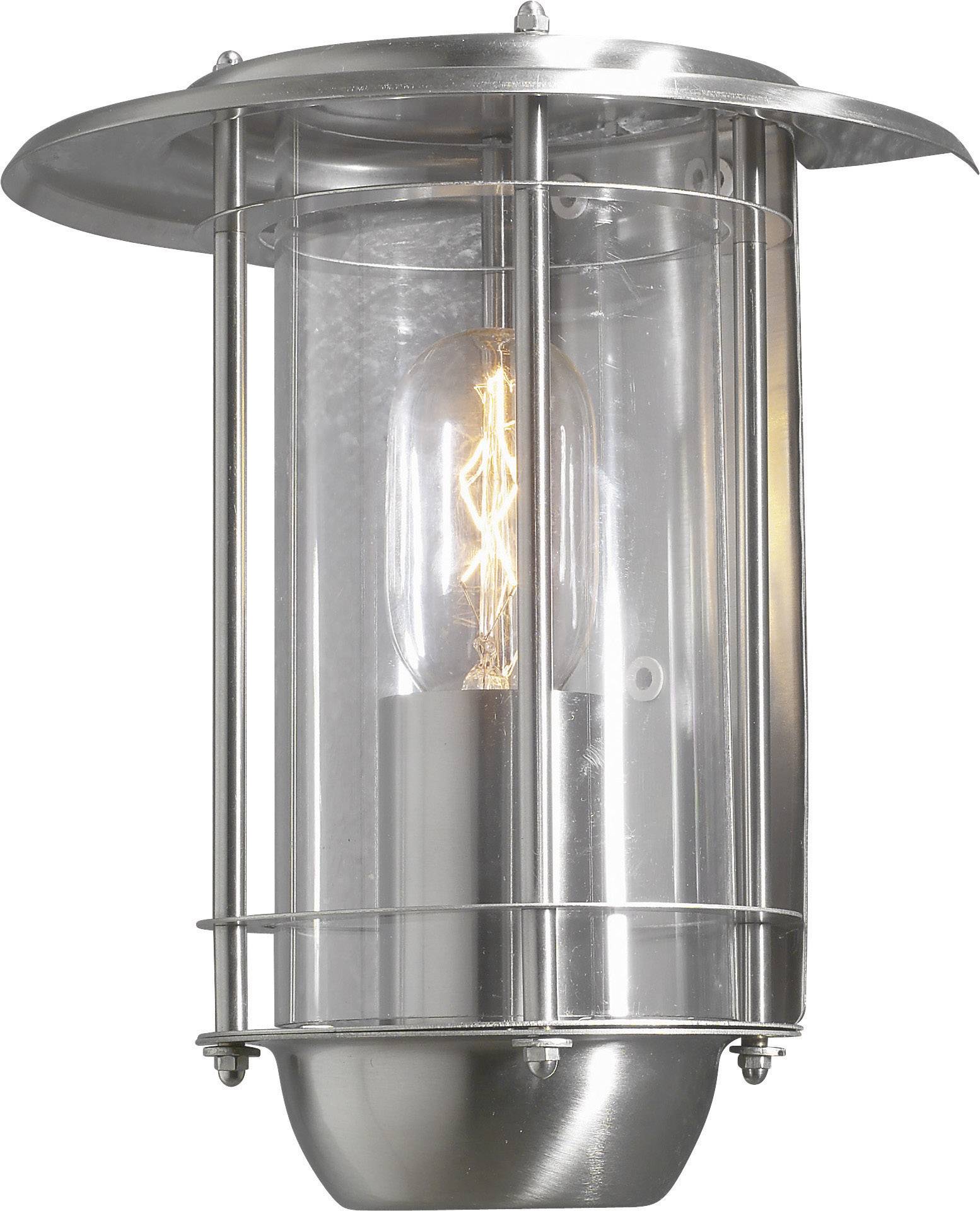 Silver outdoor wall light with clear glass and visible bulb, suitable for mounting on exterior walls.