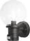 A round external wall light with a transparent glass shade. It has a black metal mounting and is illuminated.